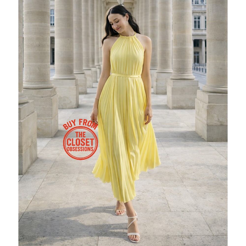 Mango NWT Butter Yellow Pleated Halter Midi Dress 8 - Picture 8 of 16